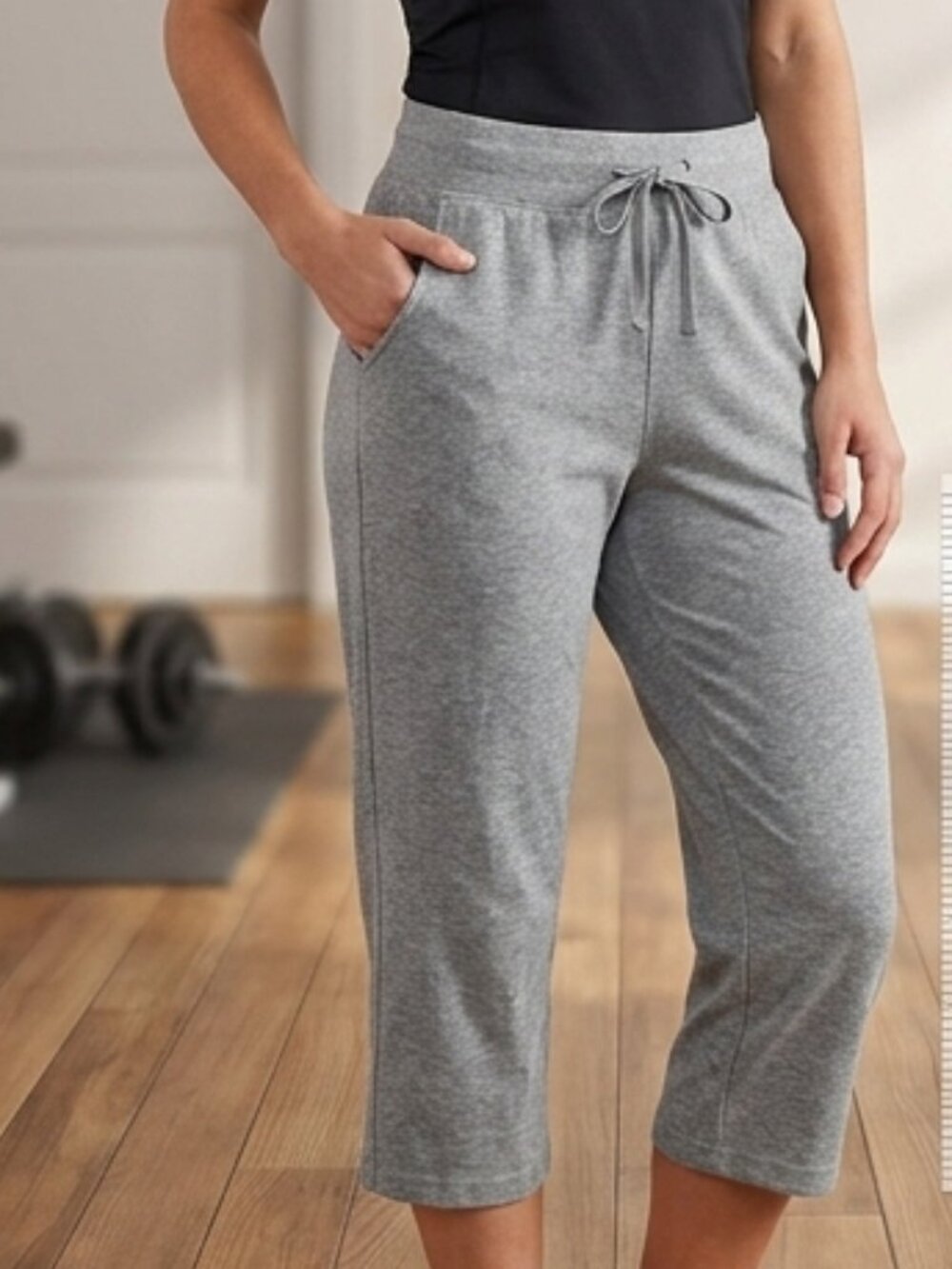 Athletic Works Women's Gray Knit Capri Pants Drawstring Waist Size Large 12-14